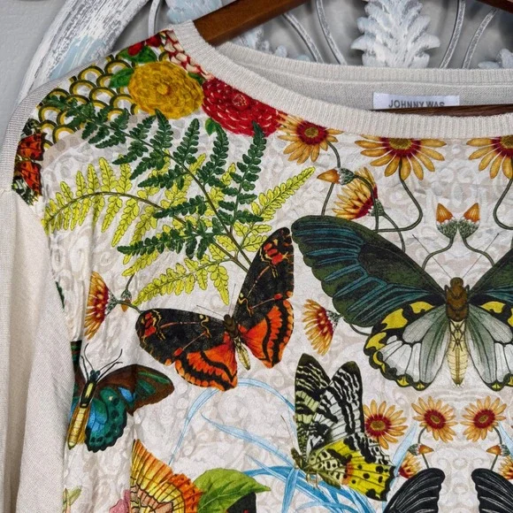 Johnny Was Cashmere Silk Butterfly Floral Print Sweater Cream Size M EUC - Picture 2 of 6
